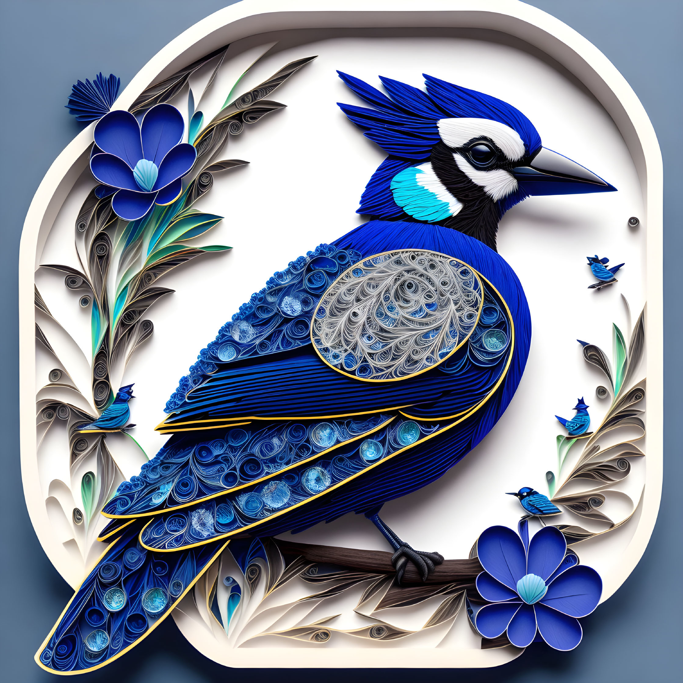 Intricate Paper Art: Vibrant Blue Bird with Flowers on Gray Background