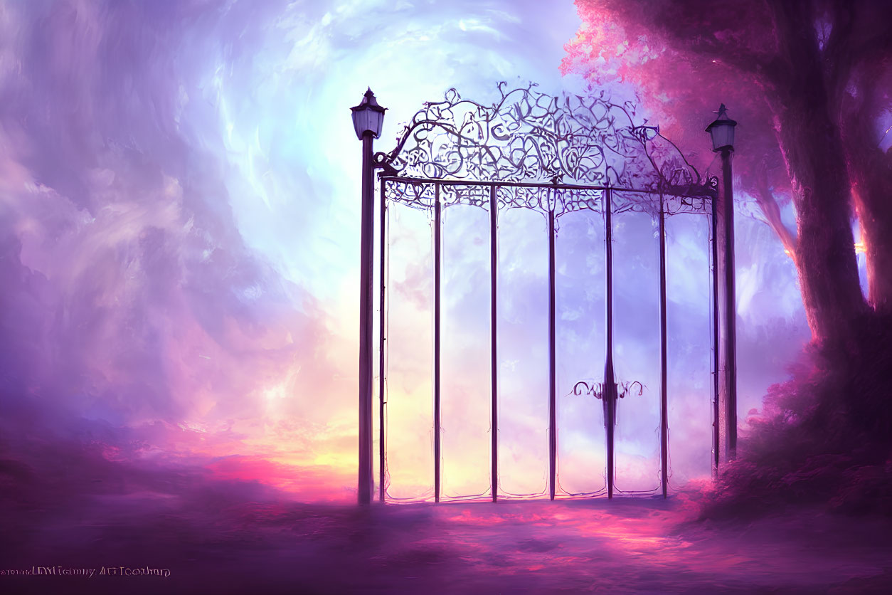 Open ornate metal gate in dreamy purple landscape with street lamps under mystical twilight sky