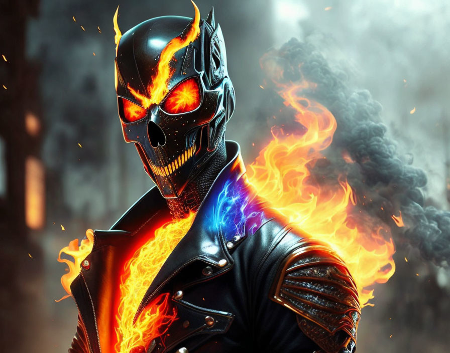 Fiery skull in futuristic helmet with flames on neck against smoky backdrop