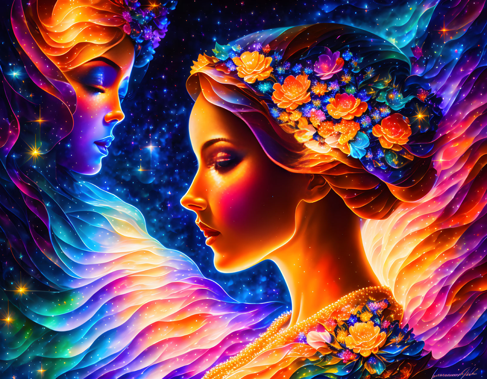 Colorful digital art: Two female profiles with floral crowns on cosmic backdrop.