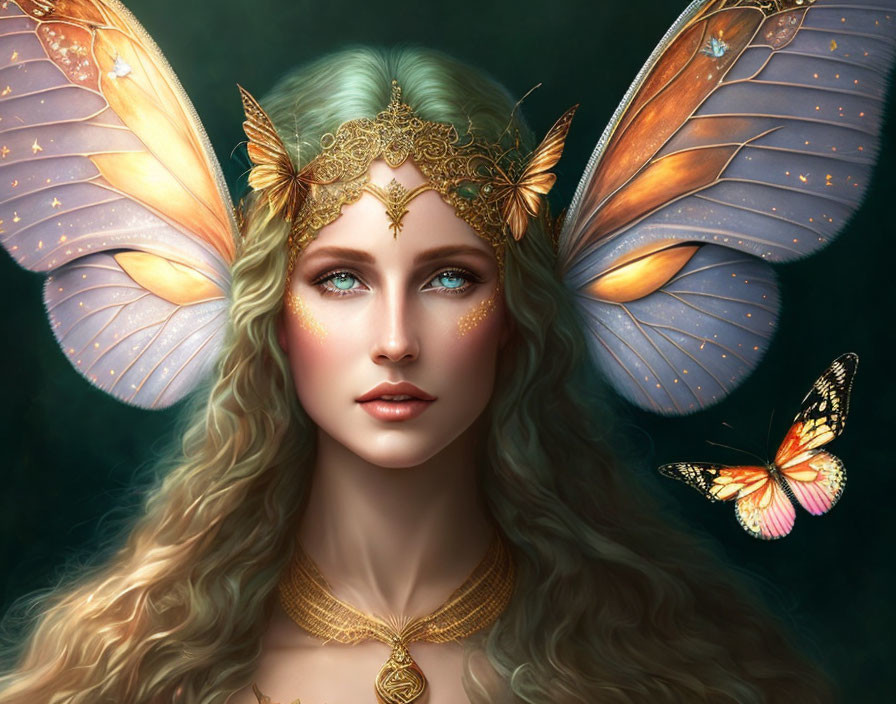 Portrait of a Woman with Long Blonde Hair and Butterfly Wings