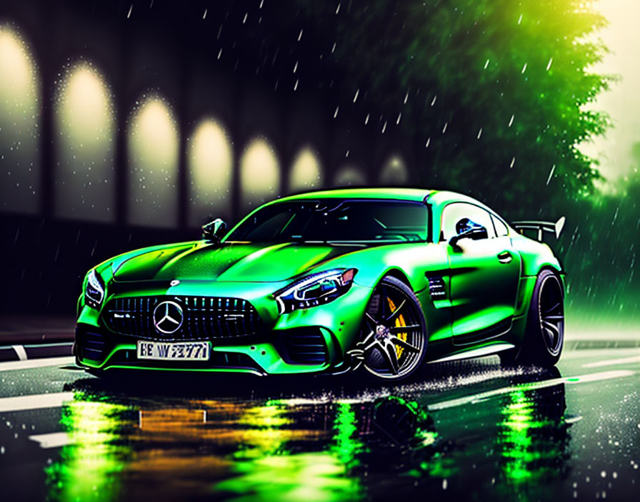 Luxurious green Mercedes-AMG GT in rain on wet city street at night