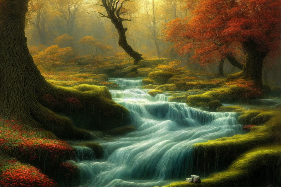 Tranquil forest stream with autumn trees and moss-covered rocks