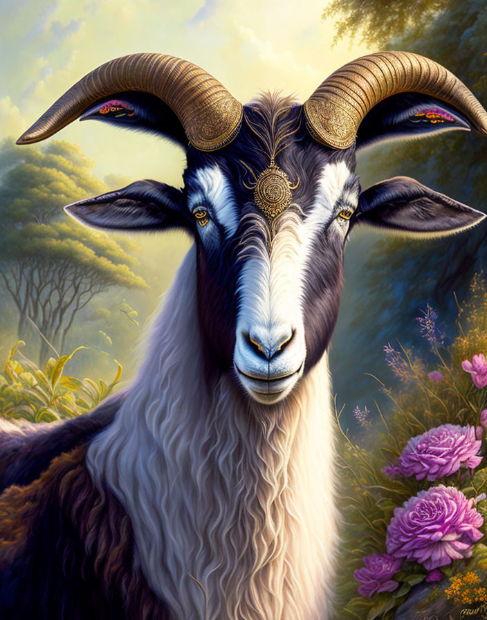 Detailed surreal illustration of majestic goat with ornate horns in serene forest.