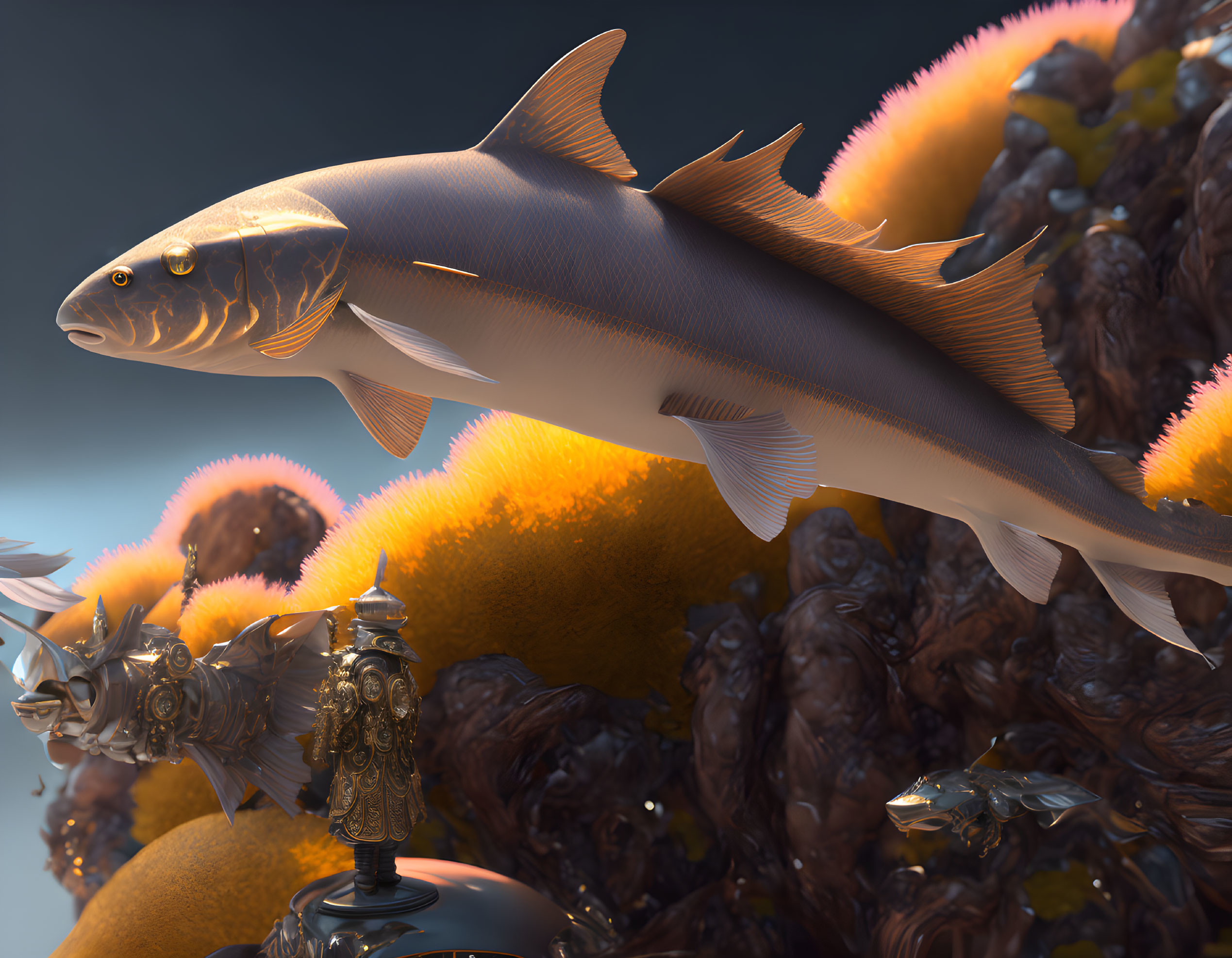 Detailed 3D surreal fish above colorful coral landscape