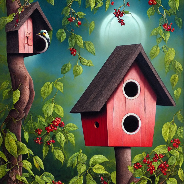 Whimsical painting of birdhouses on tree branches with bird and green leaves