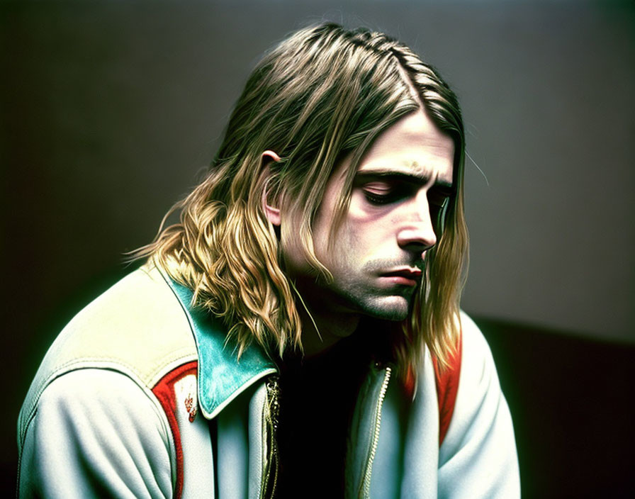 Blond-haired person in multicolored jacket in pensive pose