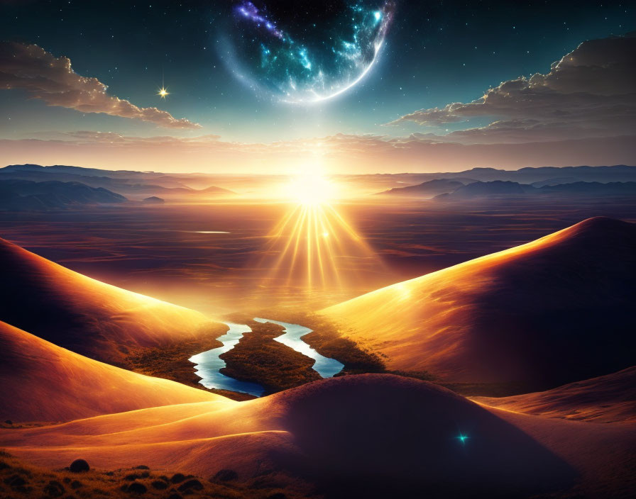 Surreal landscape with river, sunlit dunes, star, and celestial object