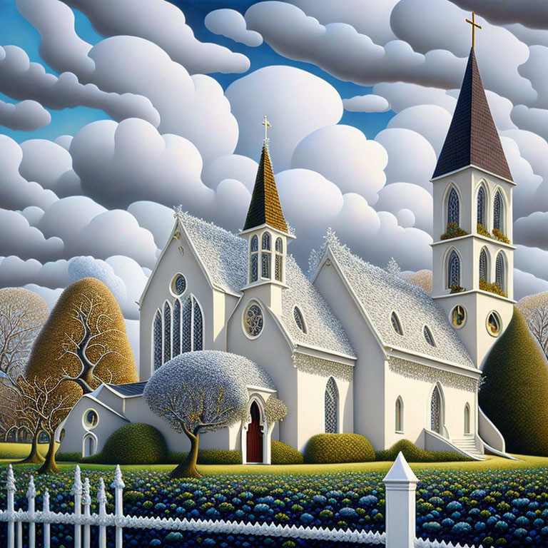 White church with steeple in cloudy sky, trees, and picket fence.