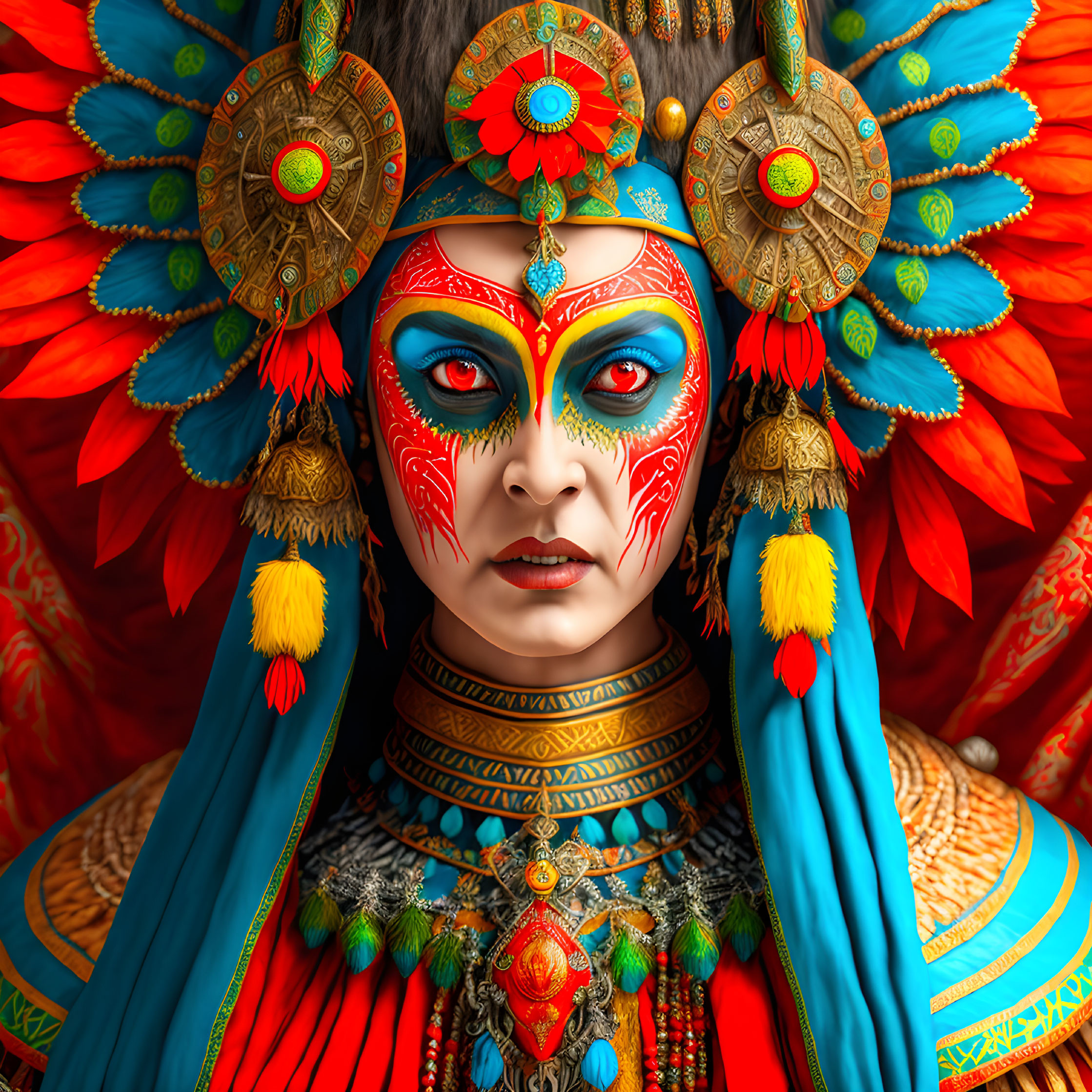 Elaborate red and blue feathered headgear with intricate facial paint and jewelry.