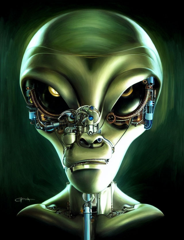Detailed Alien Illustration with Bionic Eye and Mechanical Parts