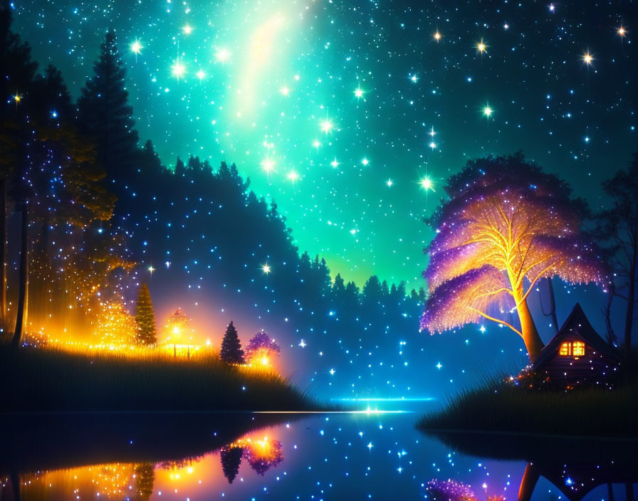 Tranquil Night Landscape with Starry Sky and Illuminated Trees