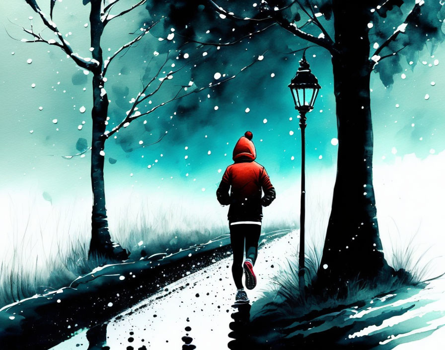 Person in red jacket running on snowy path with bare trees and street lamp under winter sky.