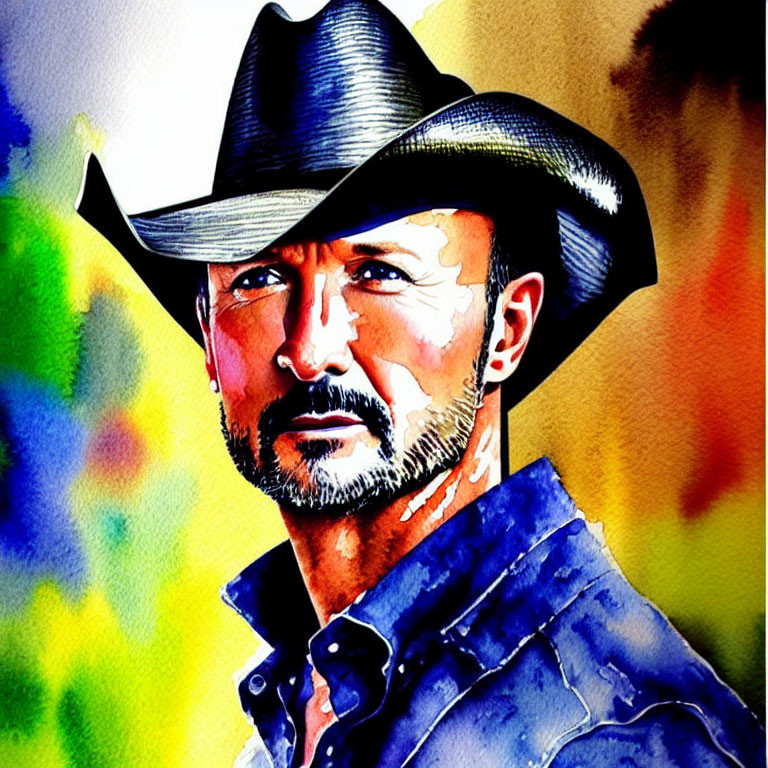 Colorful Watercolor Portrait of Man in Cowboy Hat with Mustache