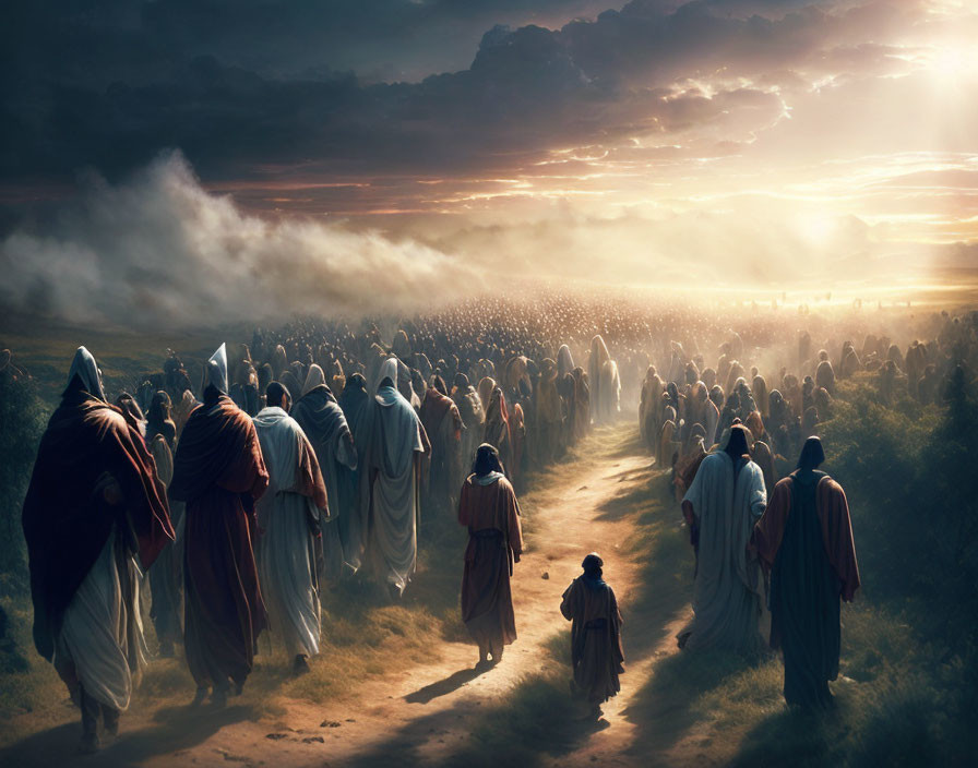 Large Group of People in Ancient Robes Walking Through Dramatic Sunlit Landscape