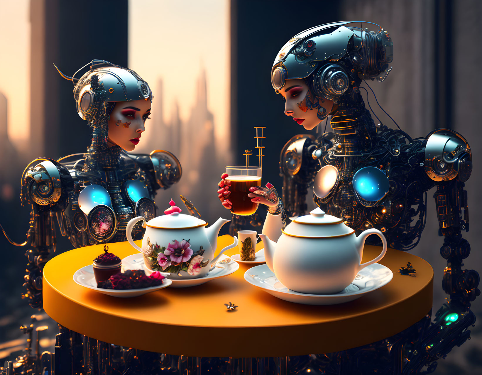 Detailed robots serving tea in futuristic cityscape