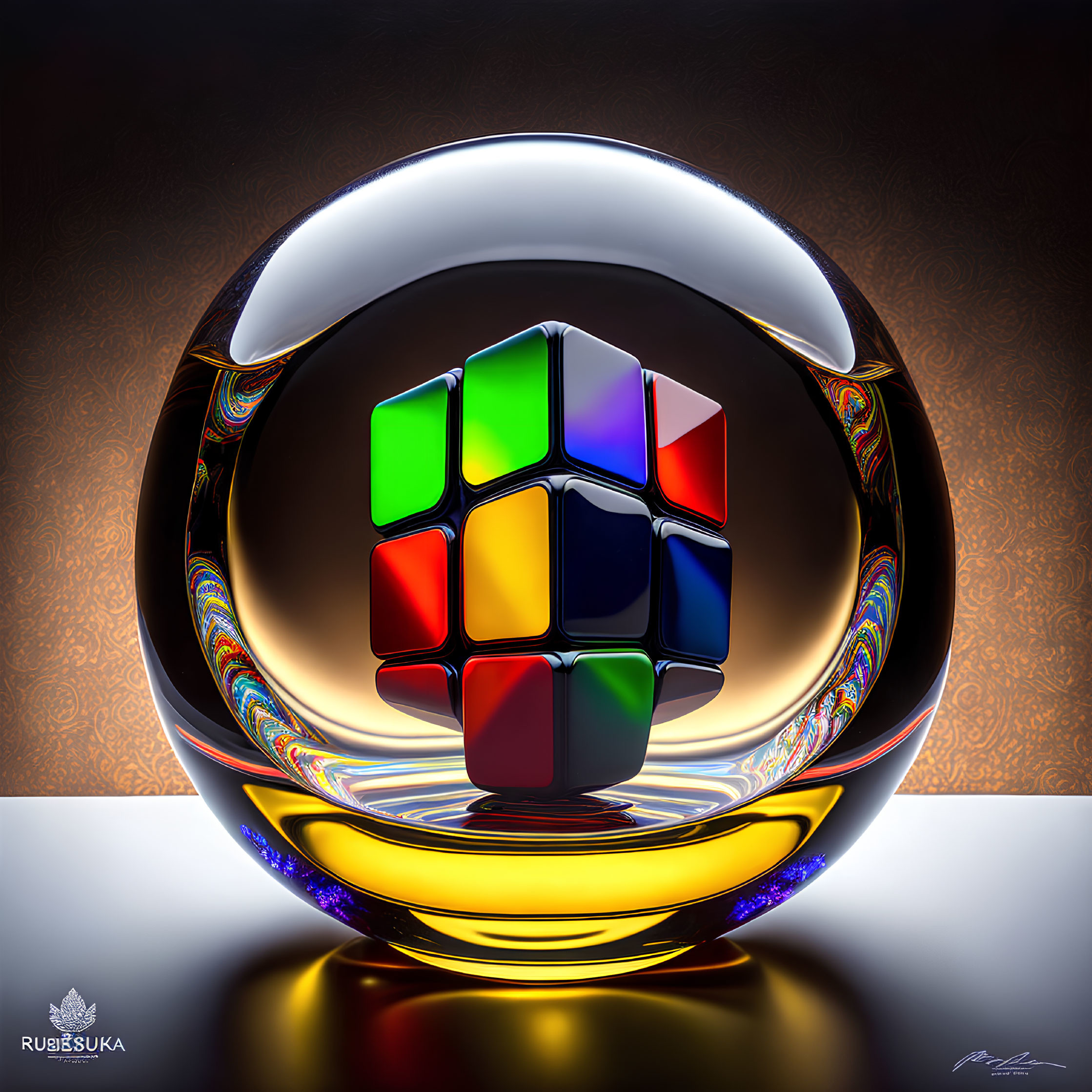 Rubik's Cube in Transparent Sphere with Vibrant Reflections and Colored Bands