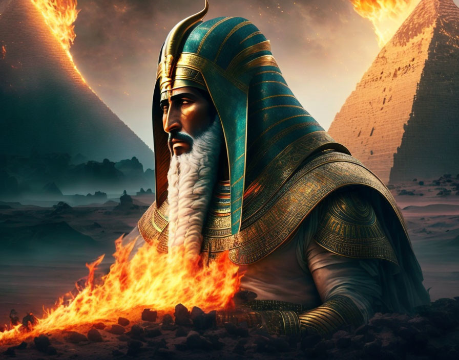 Ancient Egyptian pharaoh in traditional headdress and armor with pyramids and flames.