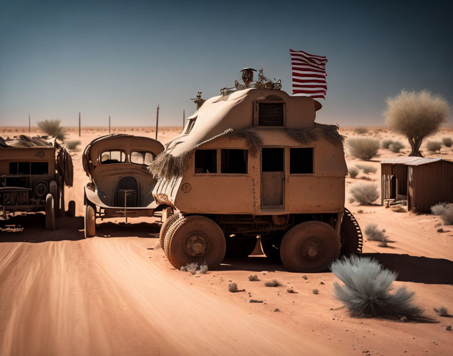 Vintage RV and car with American flag in desert landscape.