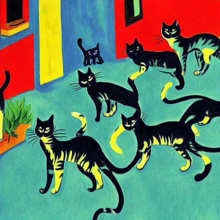 Colorful painting of six black cats on blue and green background with a red and yellow doorway