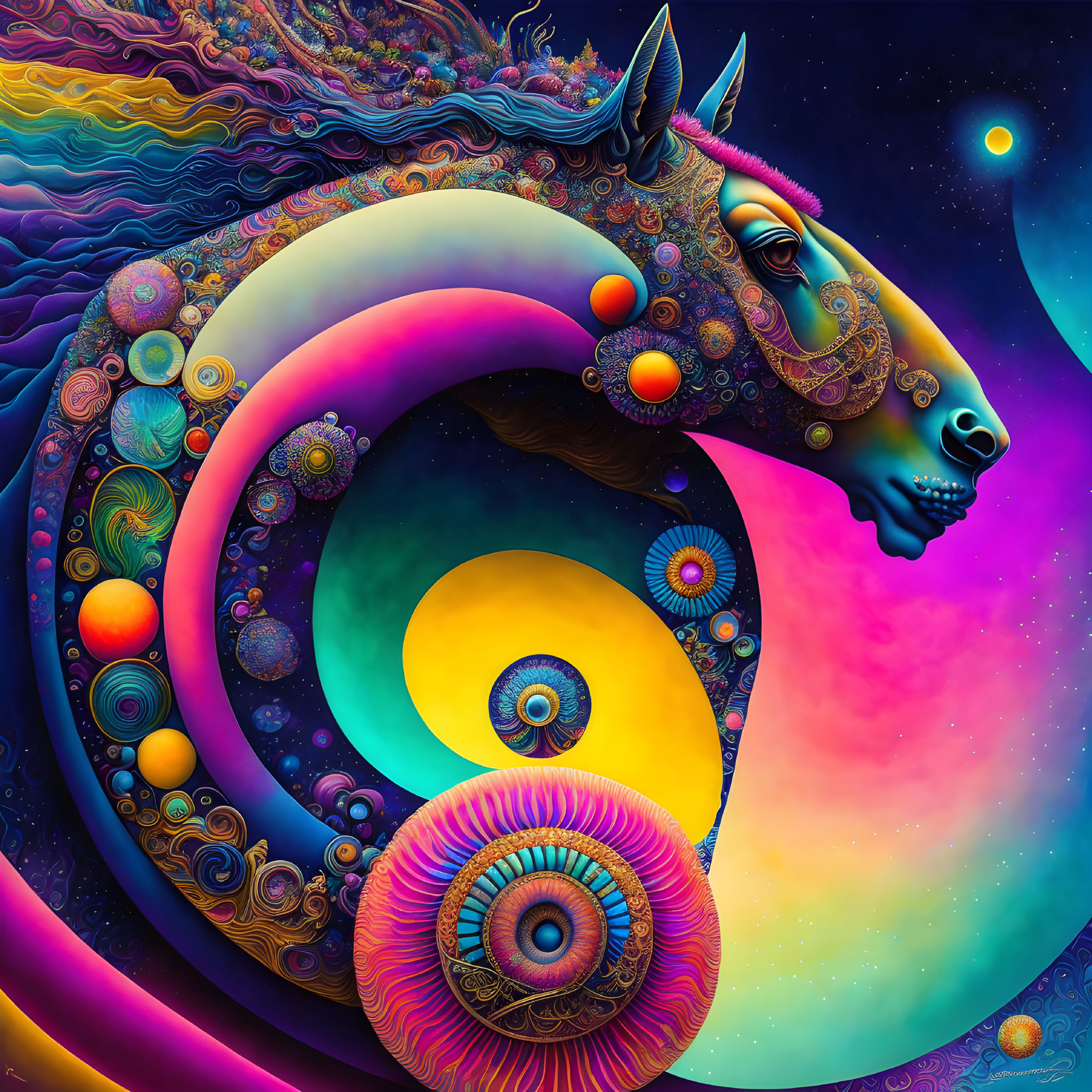 Abstract colorful horse with celestial bodies on vibrant psychedelic background