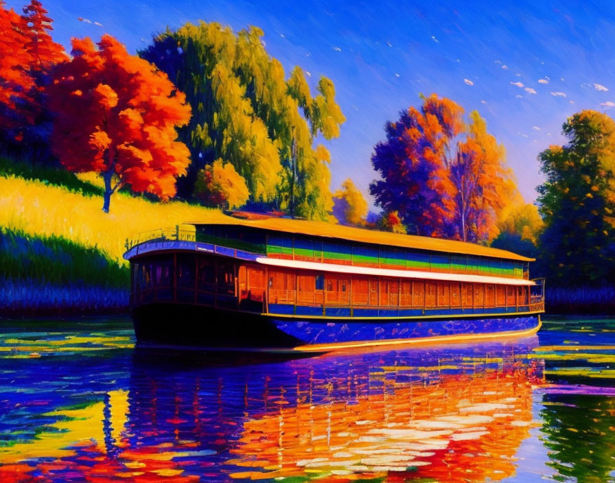 Vivid digital artwork: Boat on calm water, autumn trees, clear blue sky