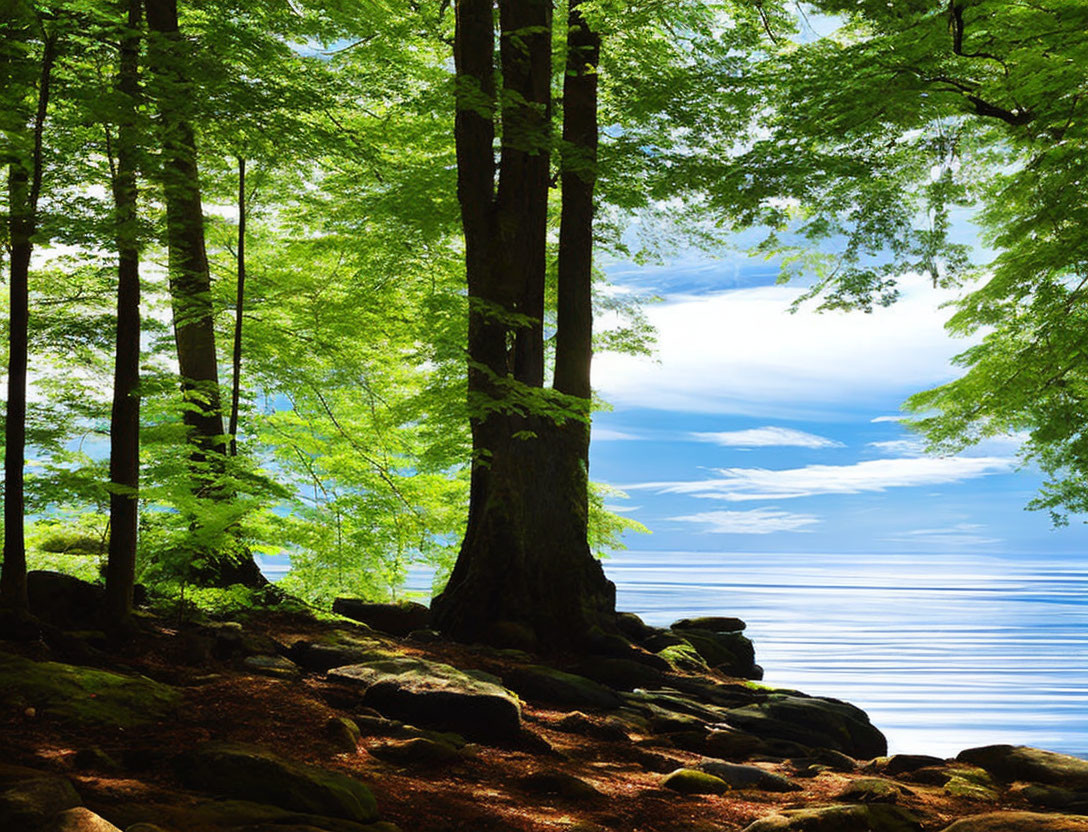 Serene forest scene with tall trees, tranquil lake, and sunny sky