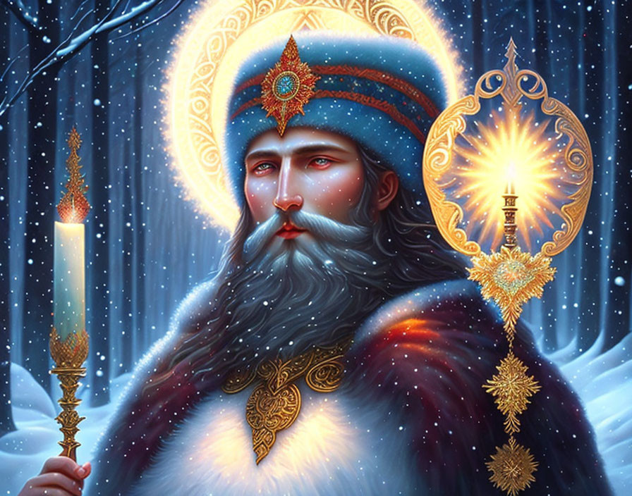 Bearded mystical figure with candle and staff in ornate clothing against snowy backdrop