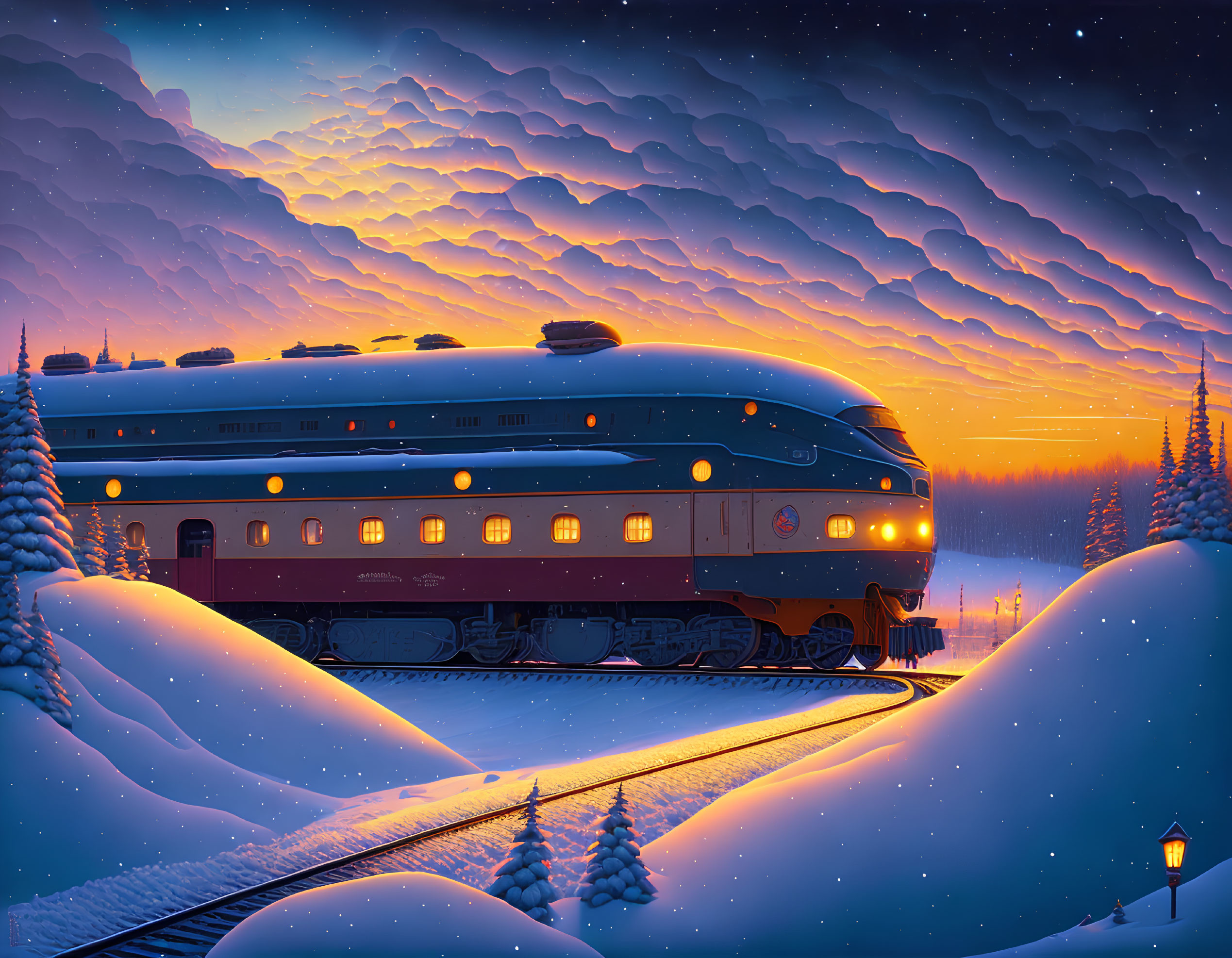 Vintage train in snowy landscape at dusk with dramatic sky and warm lights