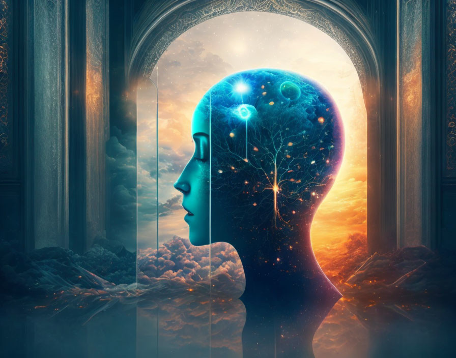 Surreal artwork: Human profile merges with cosmic brain, neurons as stars, trees, clouds,