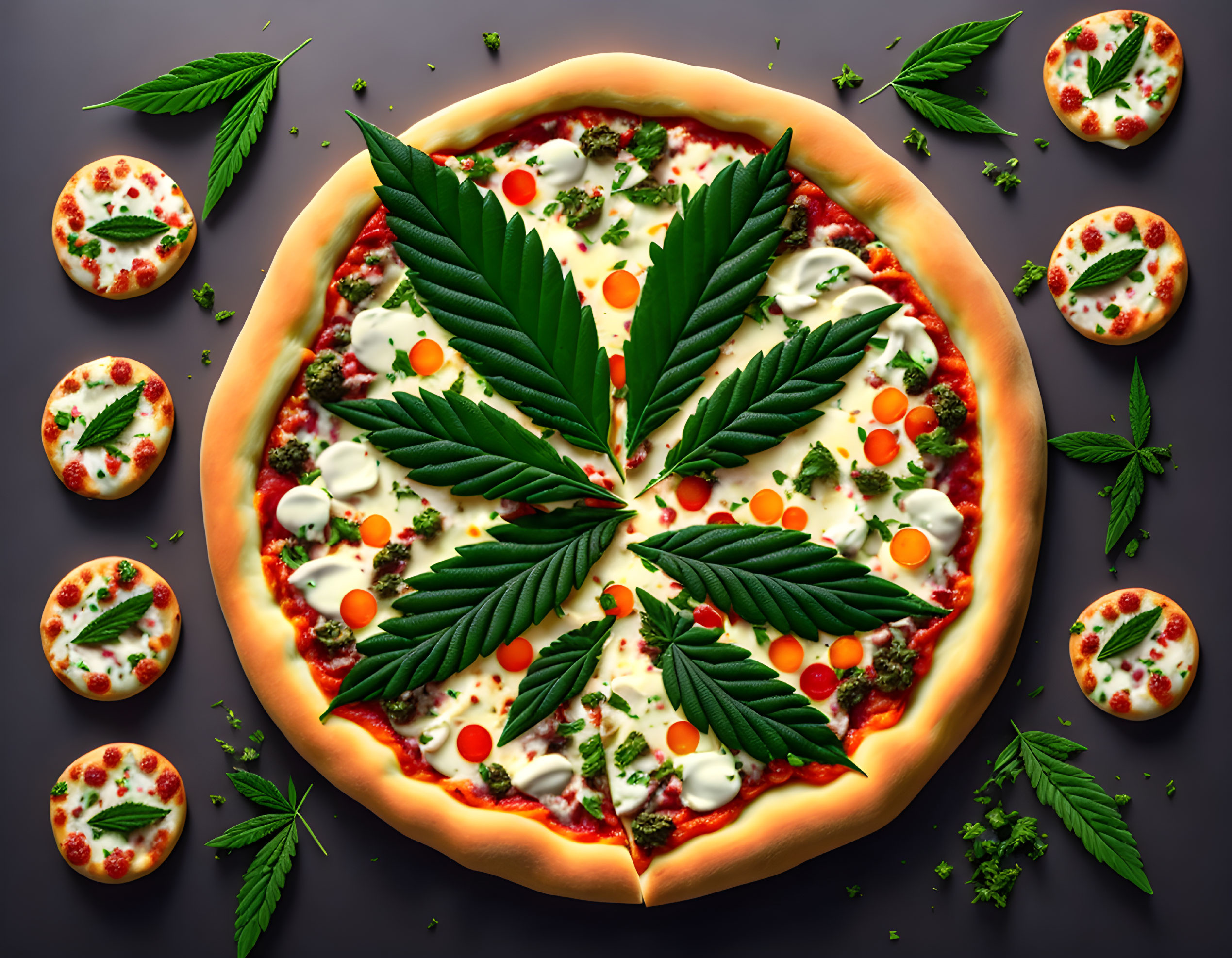 Pizza with cannabis leaves and smaller pizzas, surrounded by loose cannabis leaves