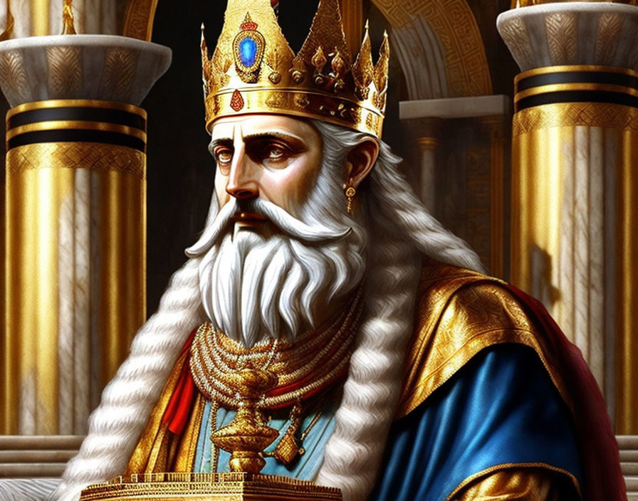 Regal king with golden crown and white beard in throne room