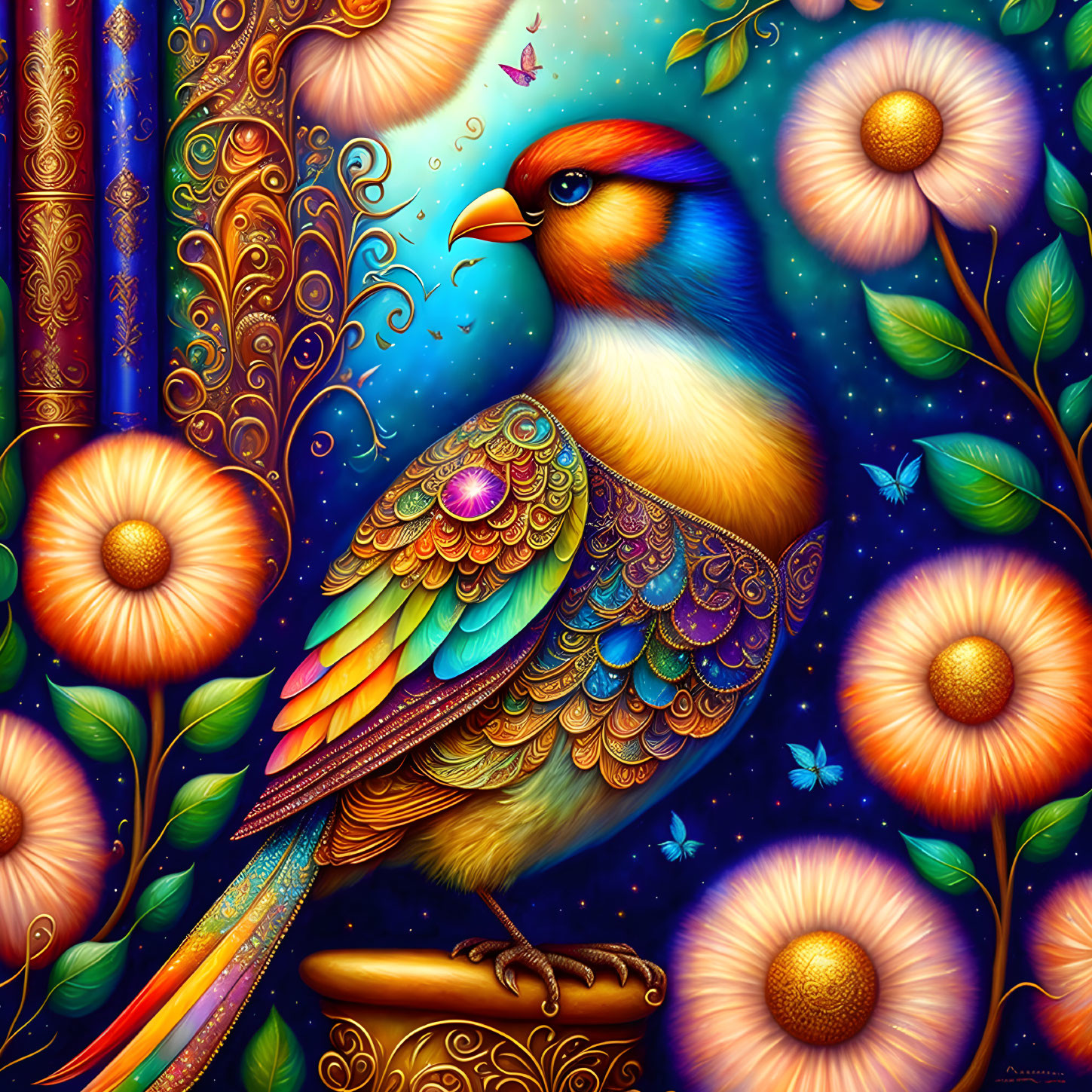 Colorful stylized bird illustration with intricate patterns and lush foliage.