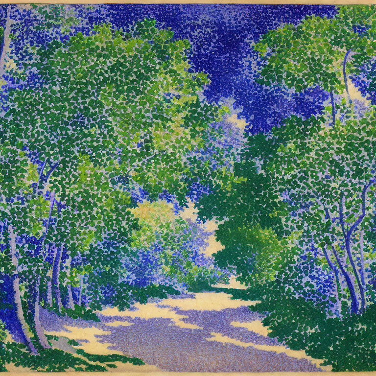 Vibrant Pointillist Forest Painting with Sunlit Path