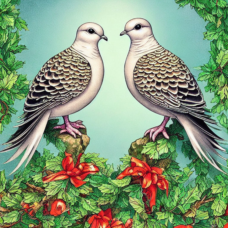 Illustrated doves on branches with red flowers and green leaves against teal background