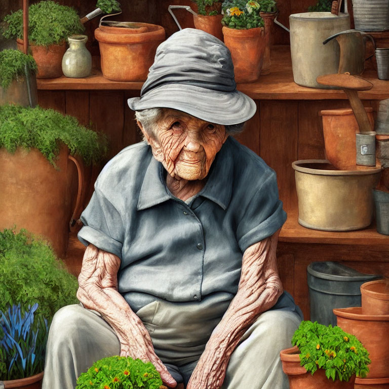 Elderly person in floppy hat and blue shirt surrounded by pots and plants