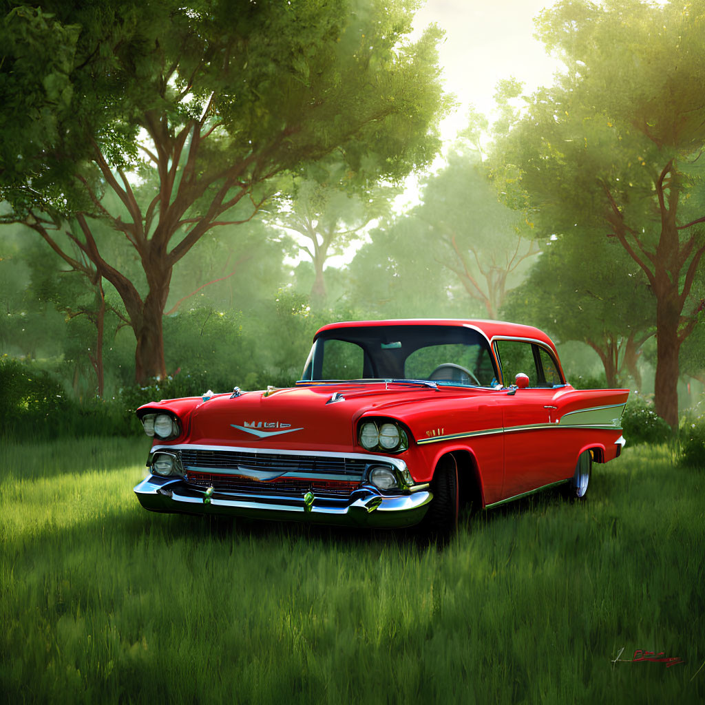 Vintage Red and White Chevrolet Car in Lush Green Forest