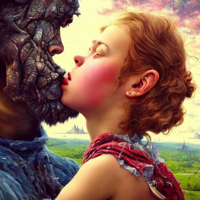 Fantastical red-haired woman kissing rocky-faced creature in painterly landscape