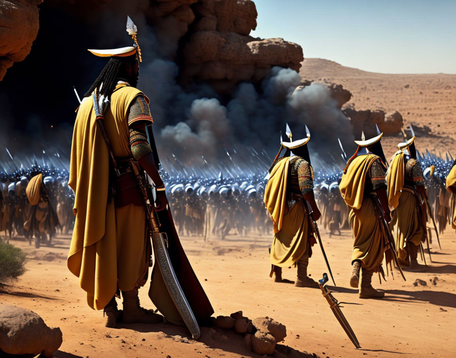 Ancient warrior soldiers with spears and shields in desert setting.