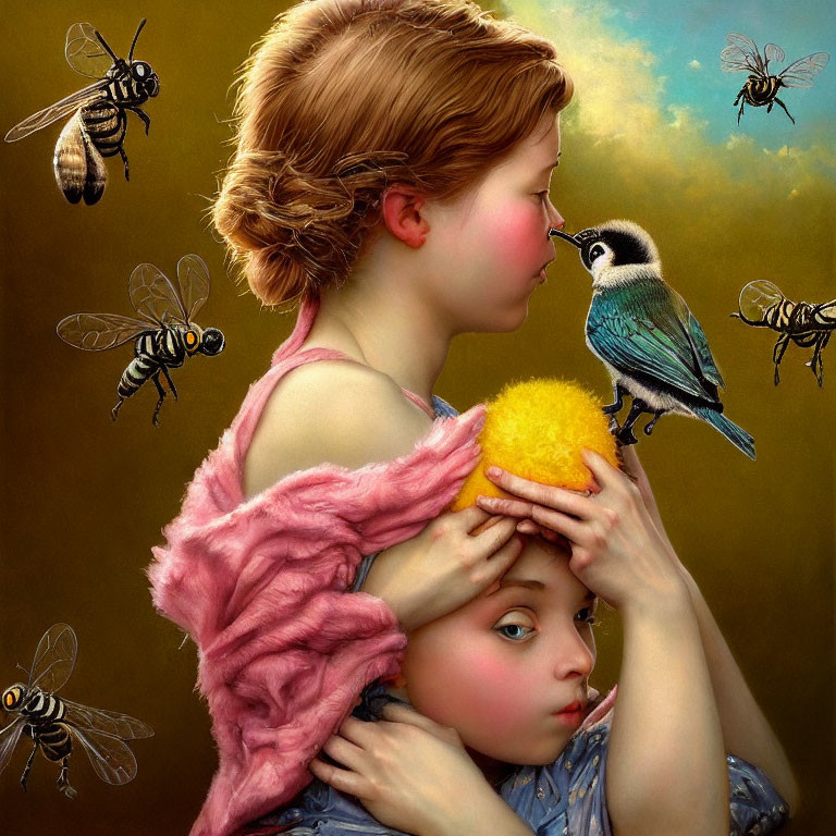 Portrait of girl with bird, child, and bees on gold background