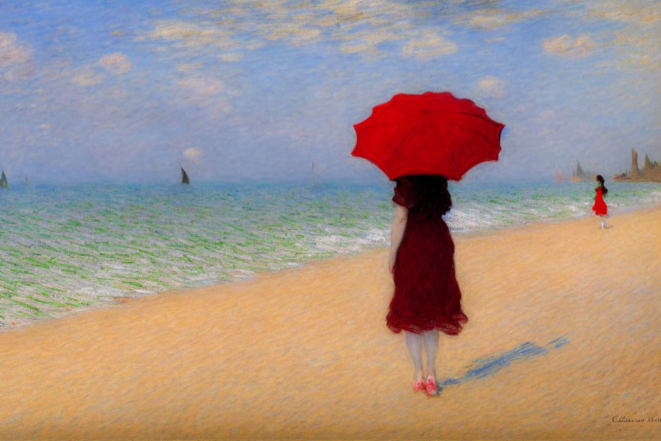 Woman in red dress with red umbrella on beach, child running, boats and cloudy sky.