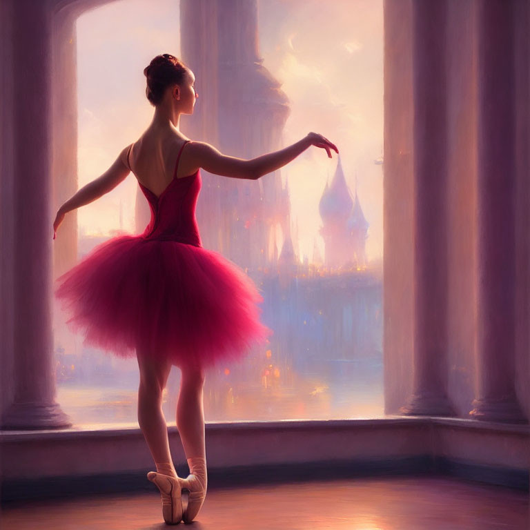 Red Tutu Ballerina Posed by Window in Dreamy Landscape