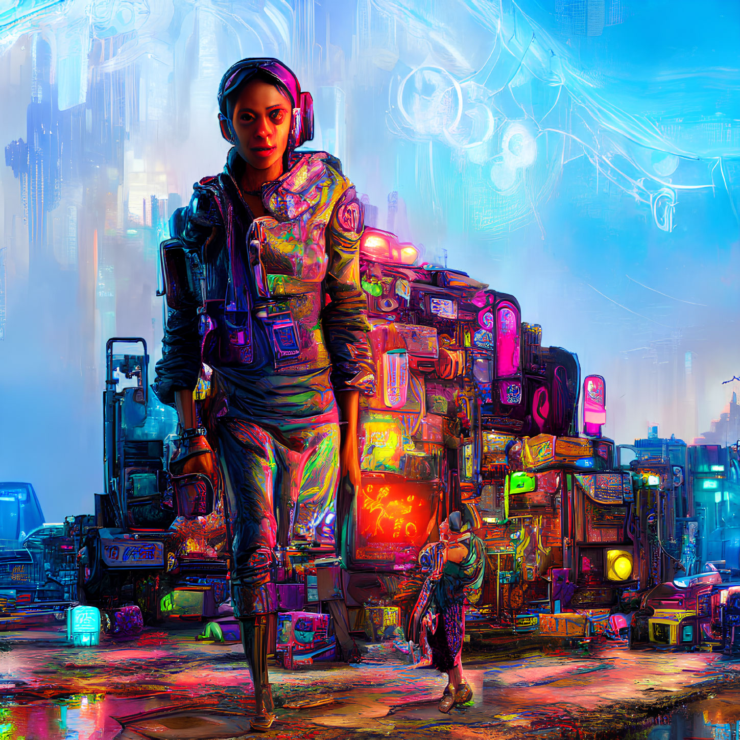 Futuristic cyberpunk cityscape with neon lights and digital displays