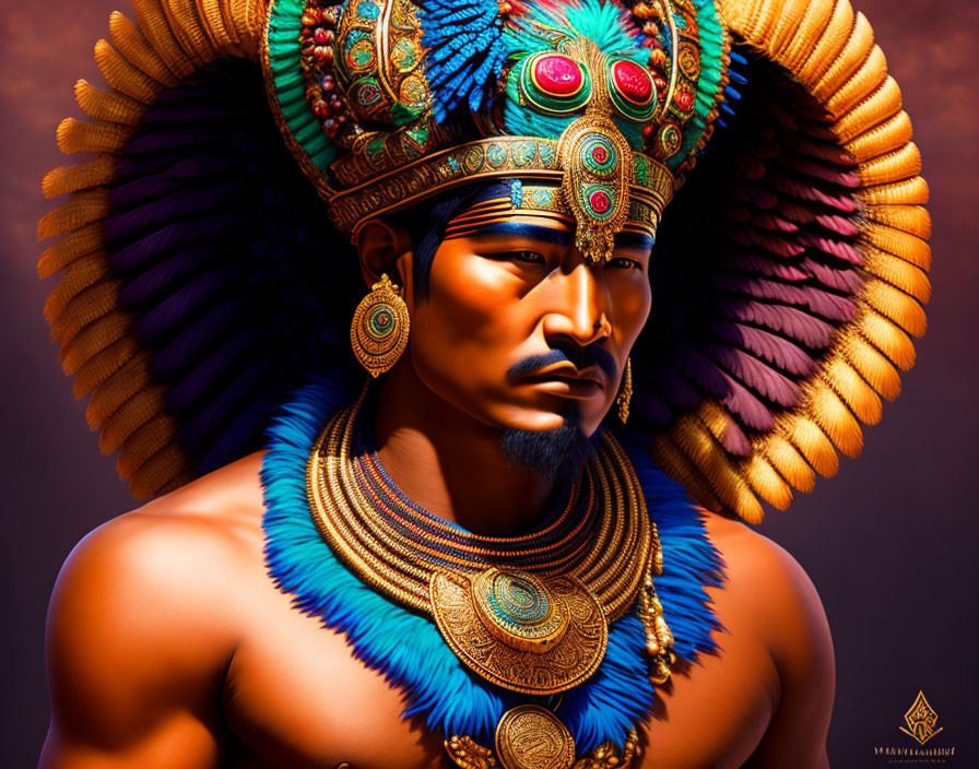 Vibrant digital portrait of a man with feather headdress and ornate jewelry