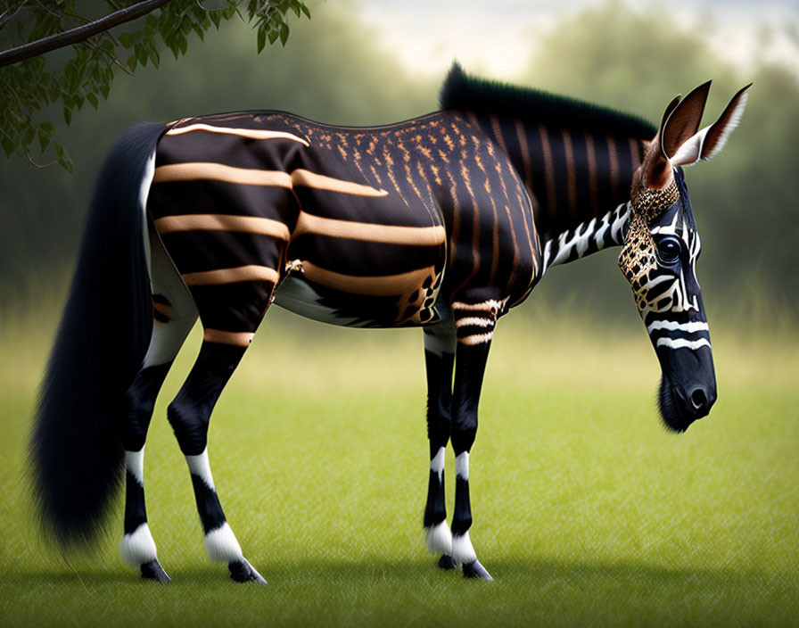 Hybrid animal with zebra stripes and lush tail in grassy field