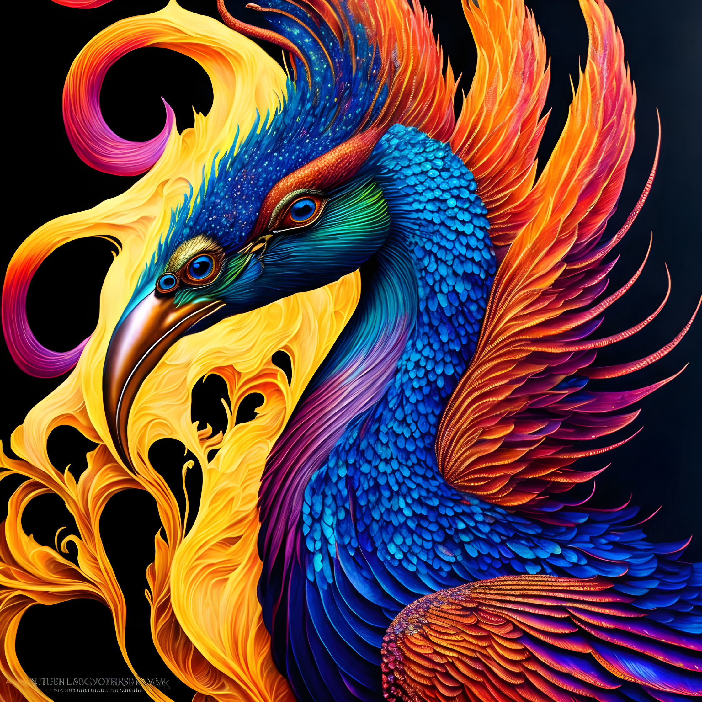 Mythical phoenix digital artwork with vibrant blue and fiery orange feathers