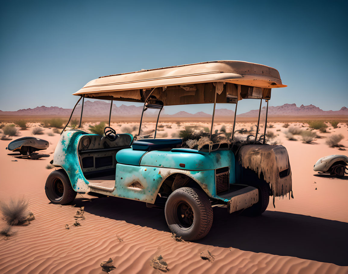 Abandoned turquoise golf cart in desert with rusted cars and sand dunes