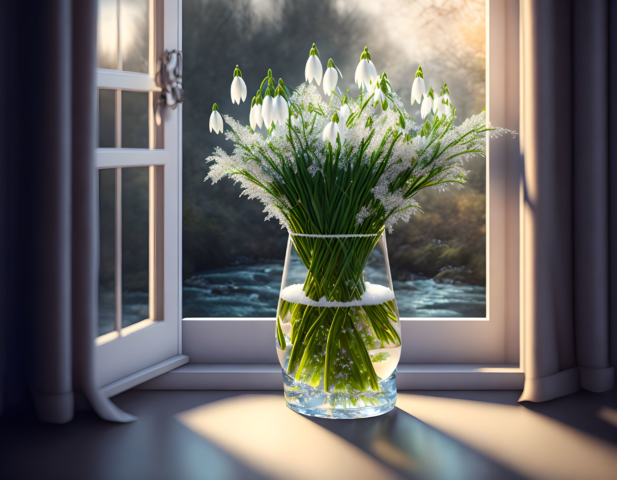 Fresh snowdrops in a vase by a river at dusk