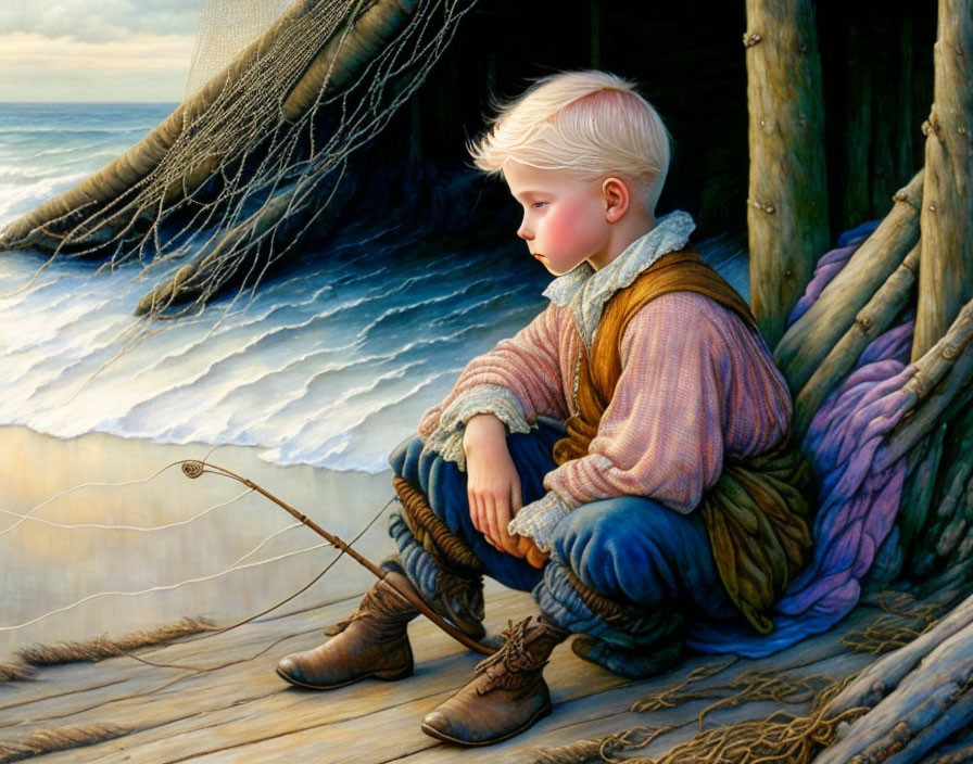 Young boy fishing by the sea with handmade pole, nets, ropes, and crashing waves