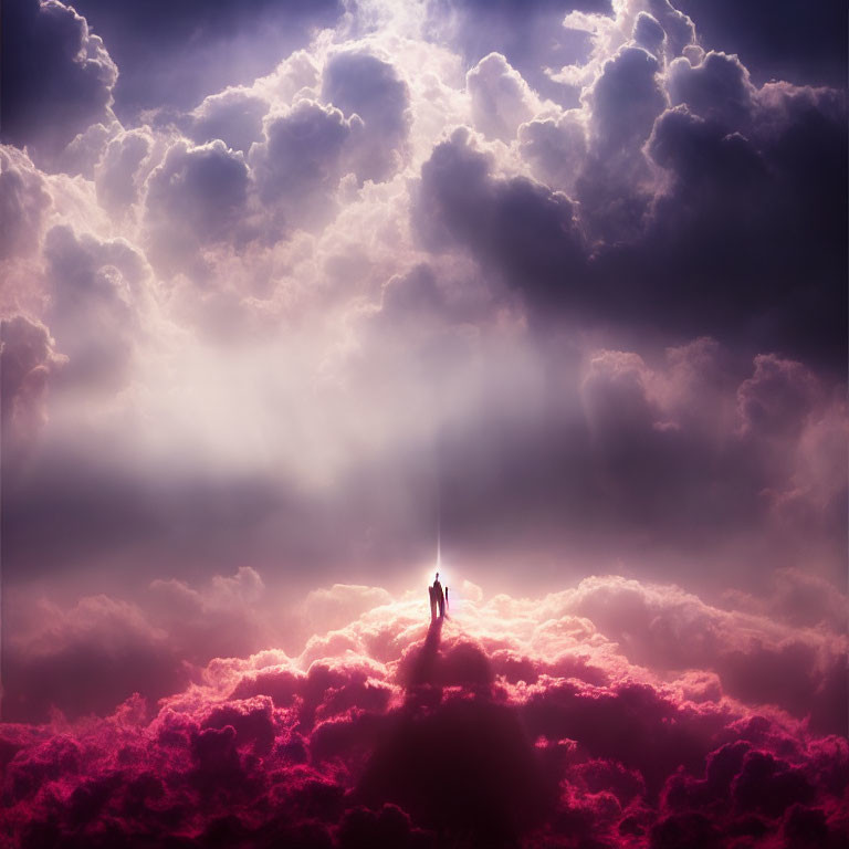 Person standing on illuminated cloud in dramatic purple sky